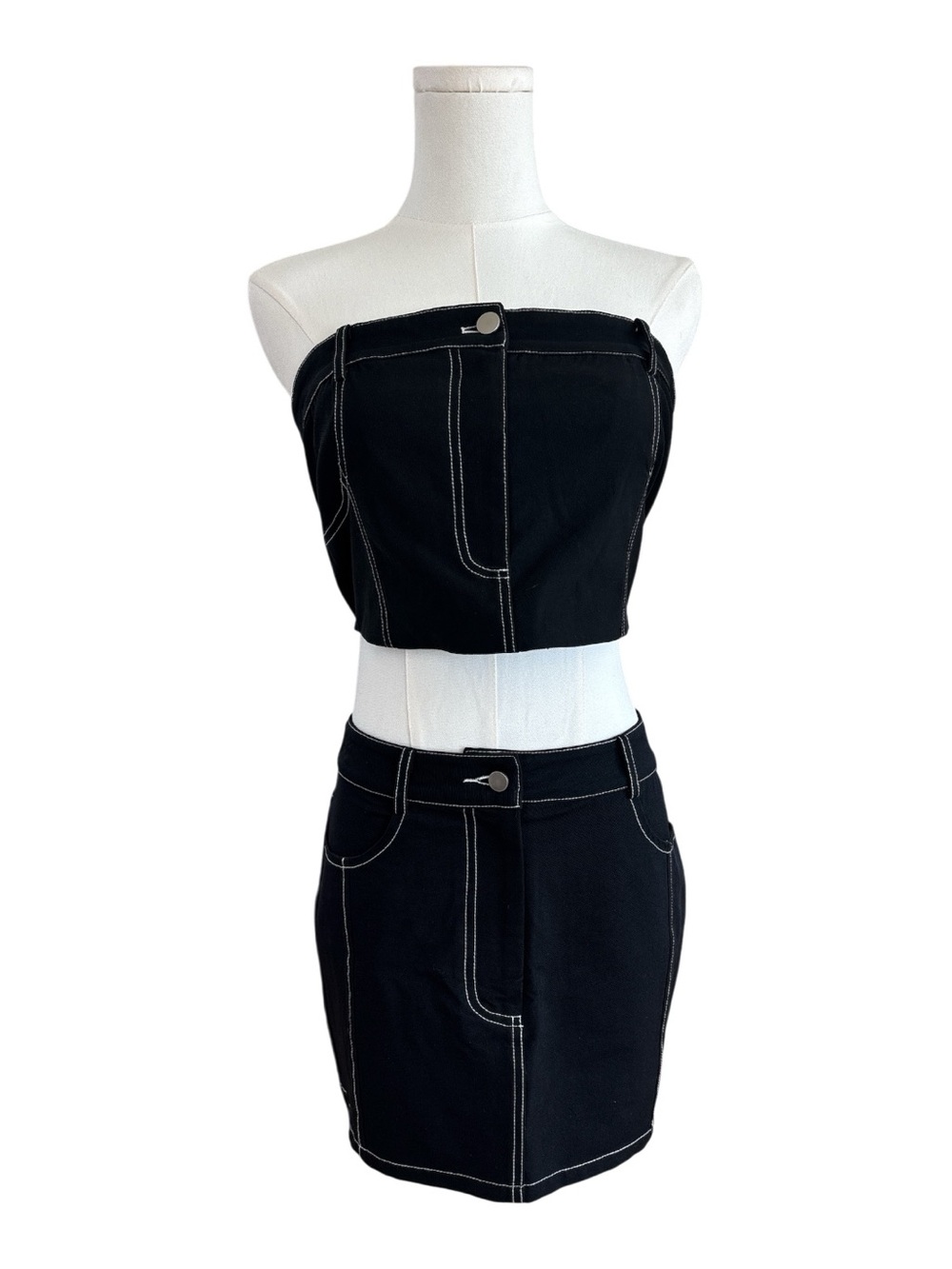 MS10 Black mini skirt and tube top set with white stitching size small